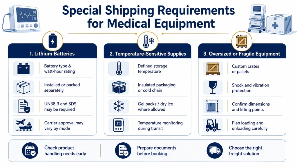 Special shipping requirements for medical equipment, including lithium batteries, temperature-sensitive supplies, and oversized or fragile equipment