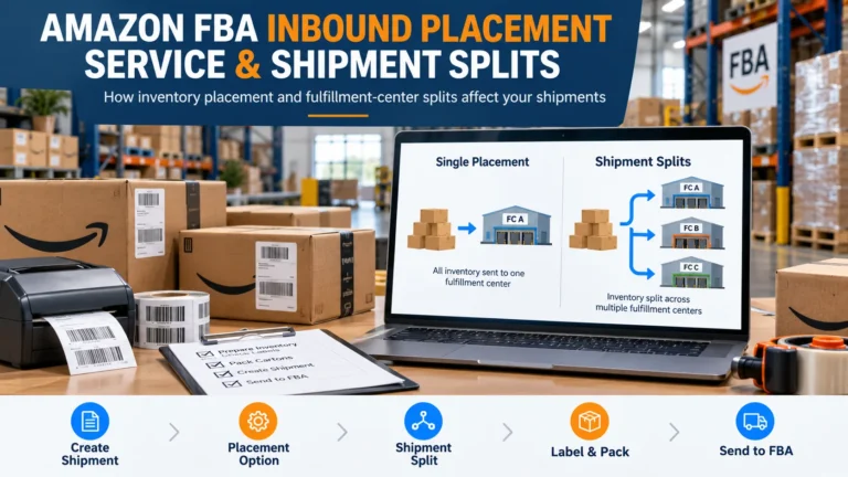 Amazon FBA inbound placement service and shipment splits infographic showing warehouse distribution and inbound options
