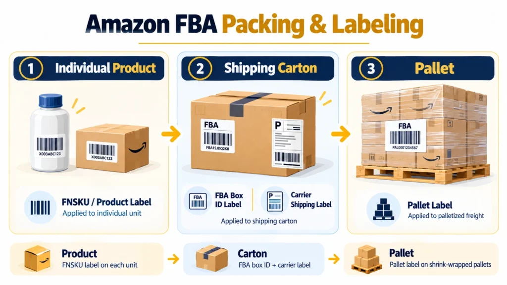 Amazon FBA packing and labeling for products, cartons, and pallets
