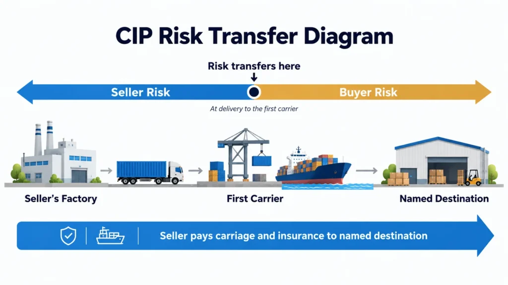 CIP risk transfer diagram showing seller risk, buyer risk, and first carrier handover