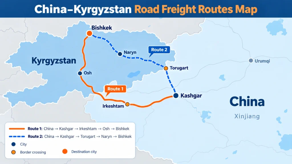 China to Kyrgyzstan road freight routes map via Irkeshtam and Torugart