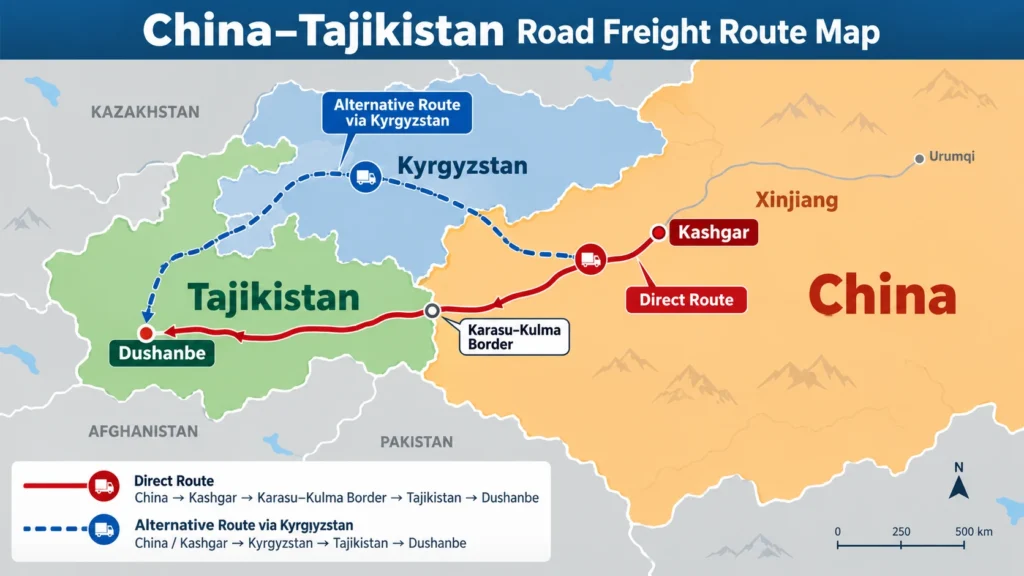 China to Tajikistan road freight route map via Kashgar and Karasu-Kulma