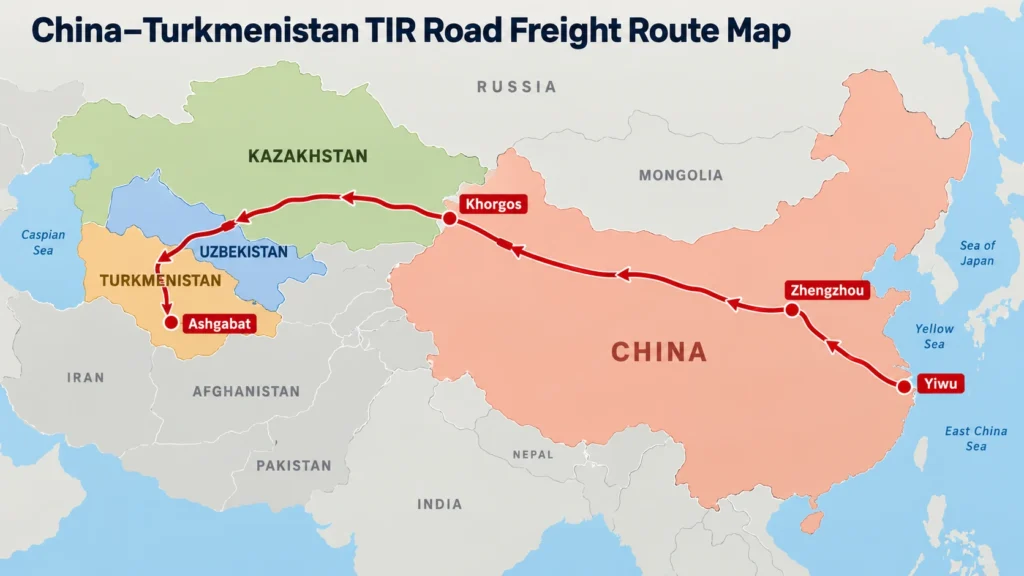 China to Turkmenistan TIR road freight route map via Kazakhstan and Uzbekistan