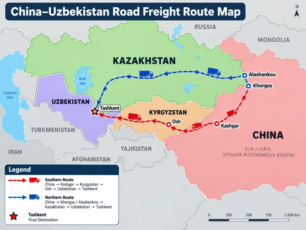 China to Uzbekistan road freight route map via Kazakhstan and Kyrgyzstan