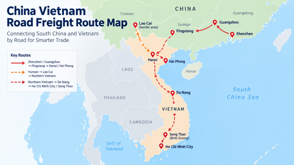 China Vietnam road freight route map showing cross-border trucking routes