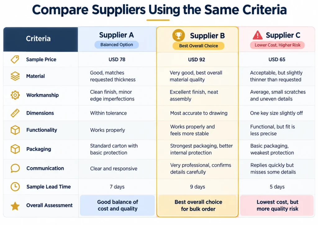Supplier sample comparison using the same quality criteria