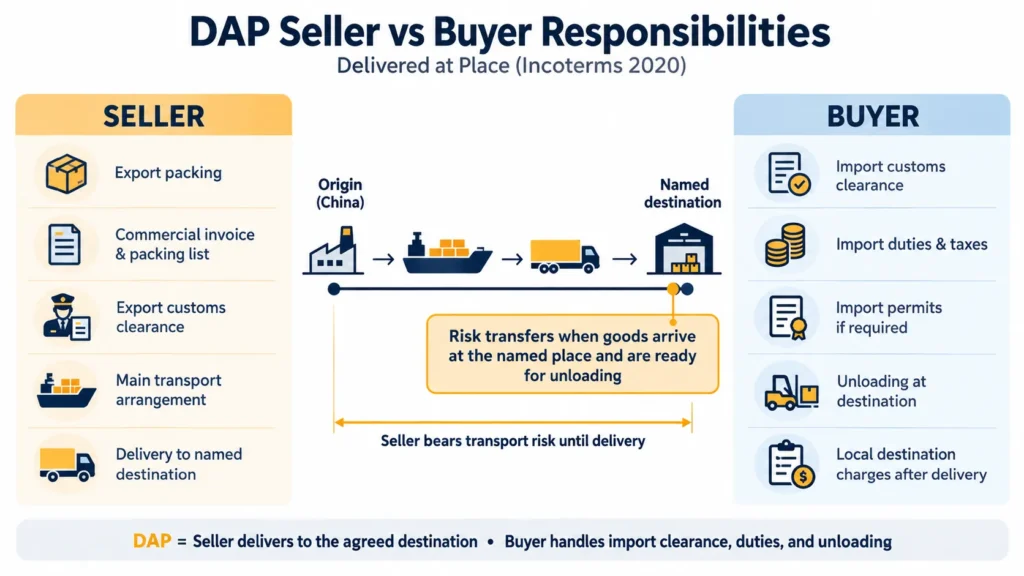 DAP seller vs buyer responsibilities infographic showing transport, customs clearance, duties, unloading, and risk transfer