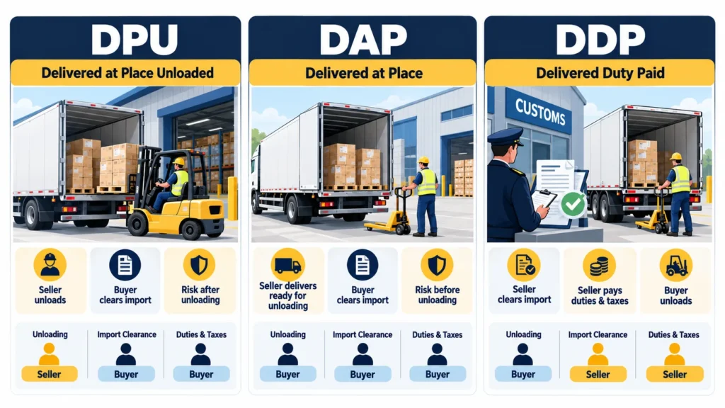DPU vs DAP vs DDP comparison infographic showing unloading, import clearance, and duties responsibilities