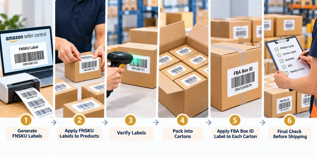 FNSKU labeling workflow before shipping to Amazon FBA