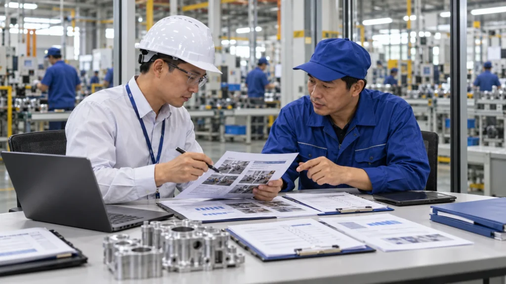 Factory auditor reviewing audit reports and inspection findings with production manager in a China factory