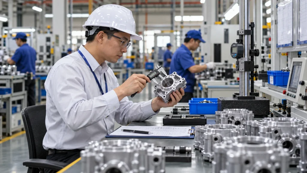 Factory quality control inspector testing machined parts with precision measuring tools in China