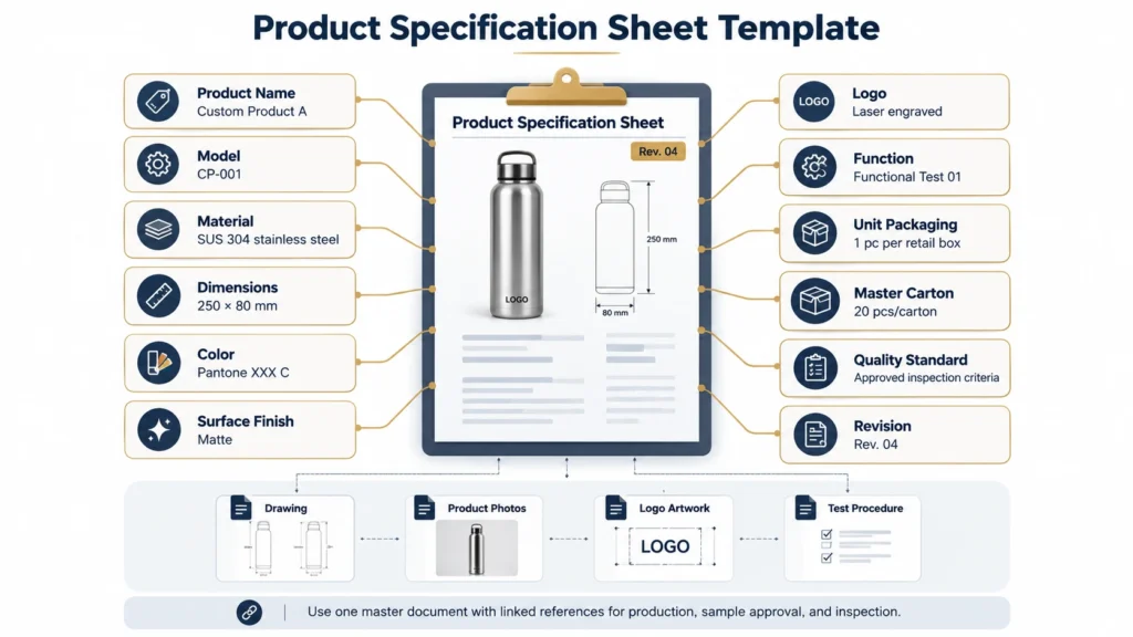 Product specification sheet template visual for Chinese suppliers