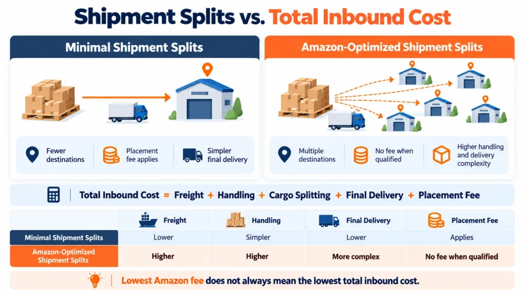 Comparison of minimal shipment splits and Amazon-optimized shipment splits against total inbound cost