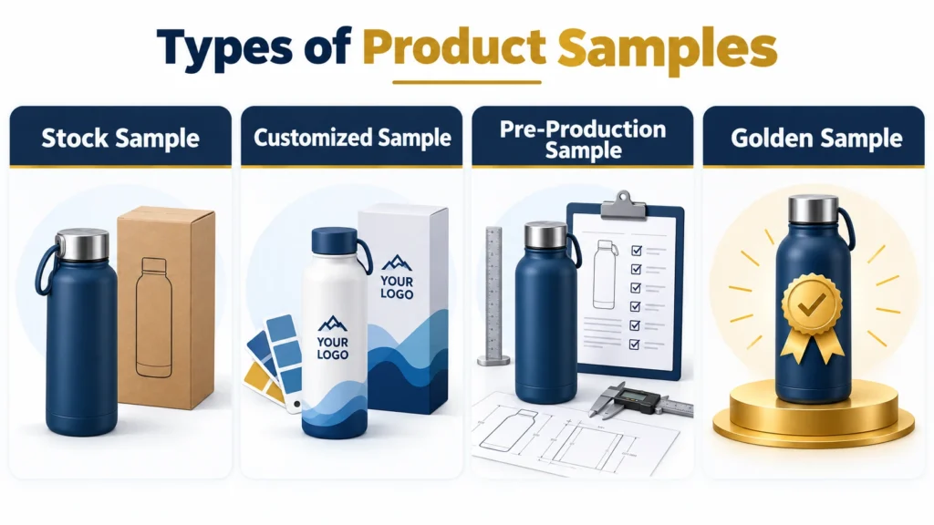 Types of product samples from China including stock, customized, pre-production, and golden sample