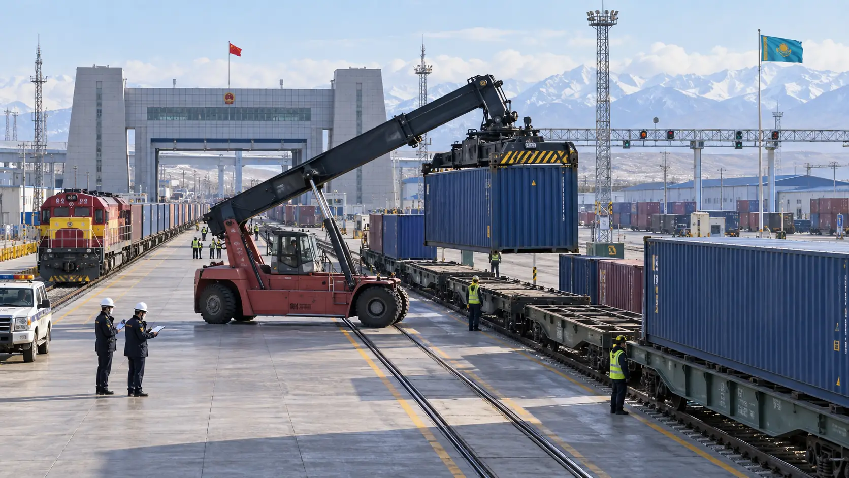 Przeładunek kontenerów podczas transgranicznego transportu kolejowego towarów z Chin