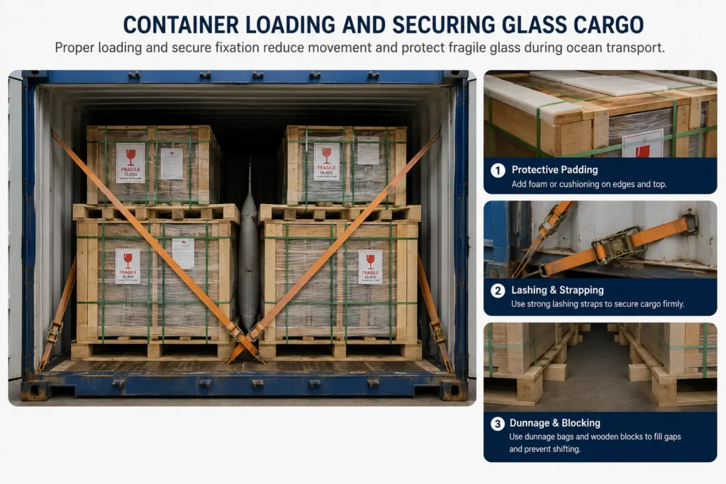 Container loading and securing methods for fragile glass cargo