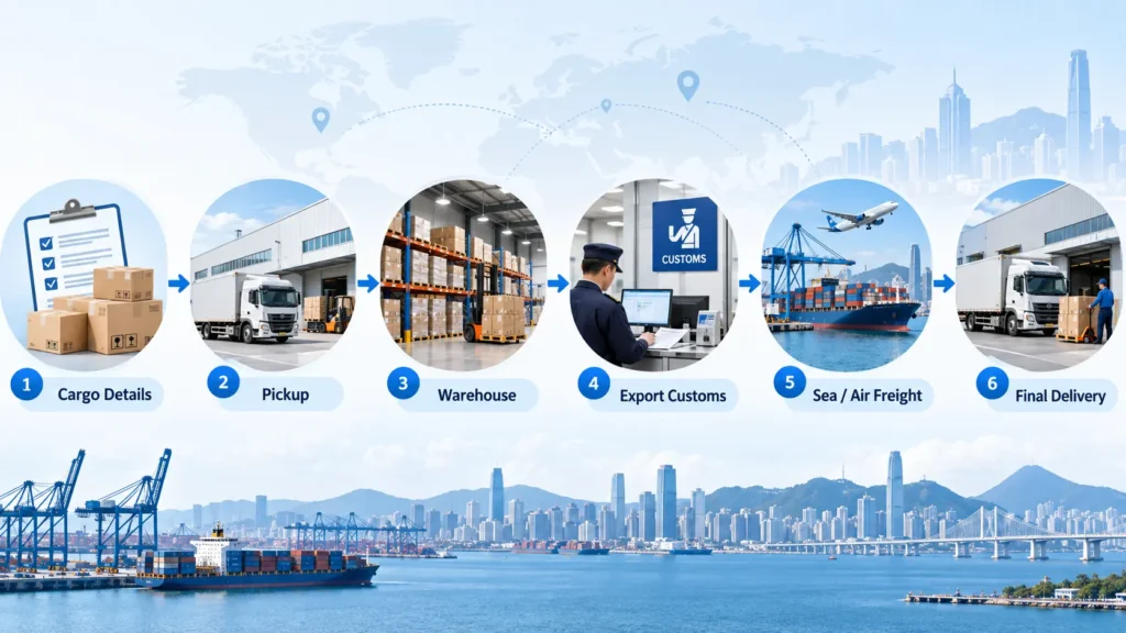 Dalian freight forwarding process from cargo pickup to export customs, sea or air freight and final delivery