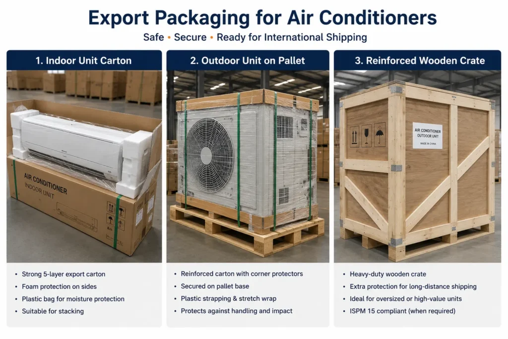 Export packaging for air conditioners with indoor unit carton, outdoor unit pallet, and reinforced wooden crate