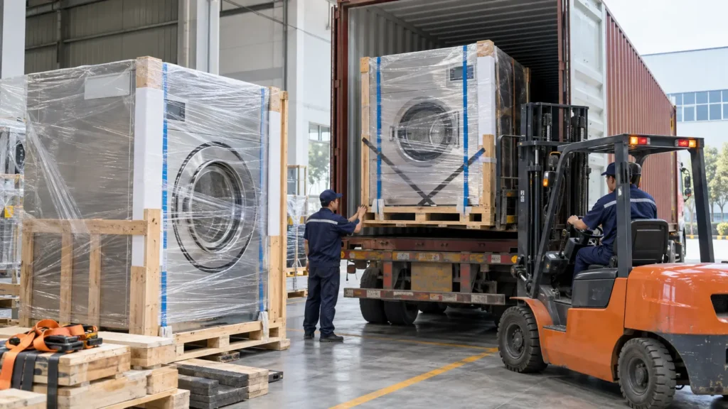 Commercial laundry equipment export packing and container loading