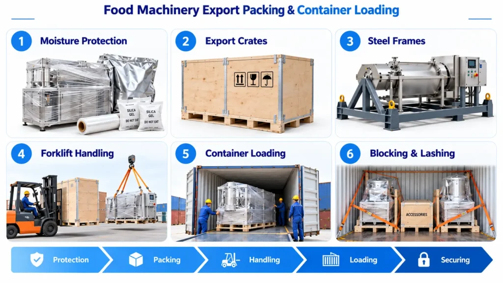 Food machinery export packing and container loading process