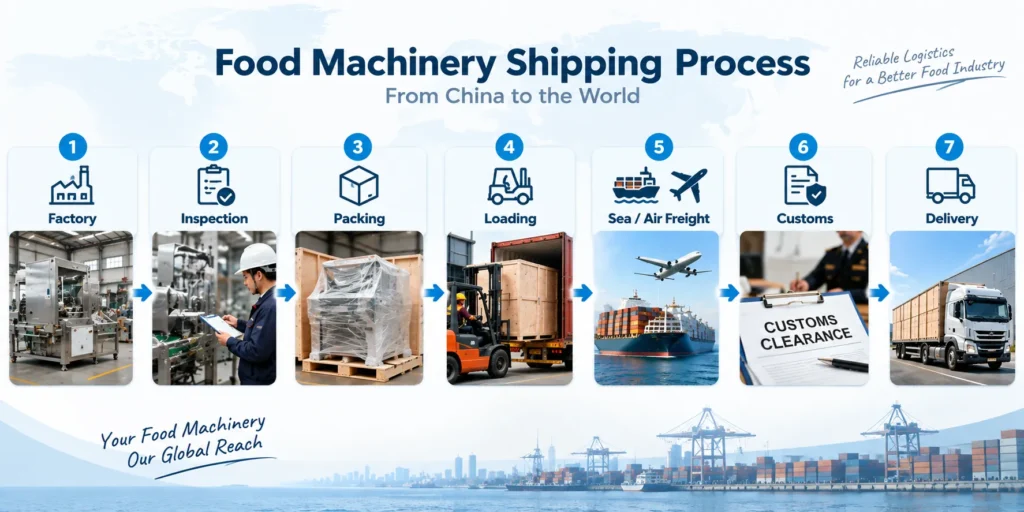 Food machinery shipping process from factory inspection to final delivery