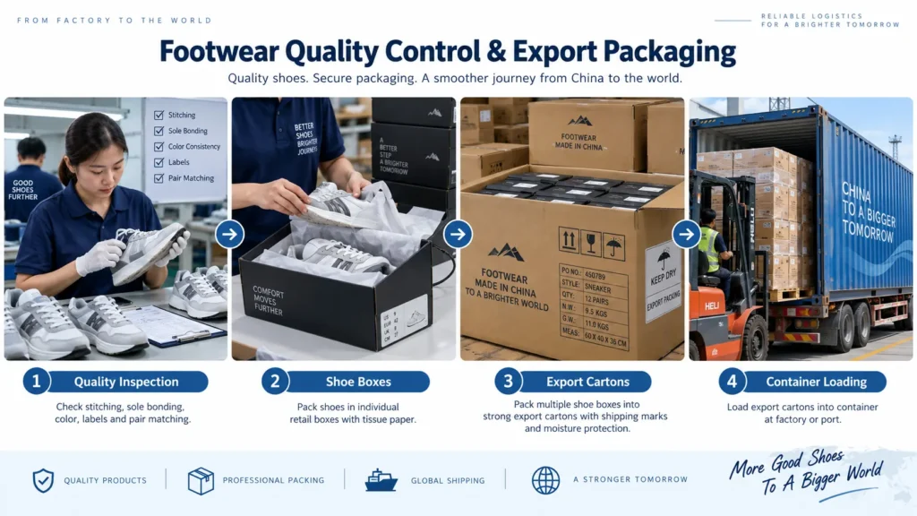 Footwear quality control and export packaging process for shoes from China