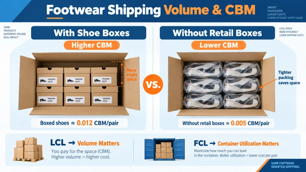 Footwear shipping volume and CBM comparison with and without retail shoe boxes