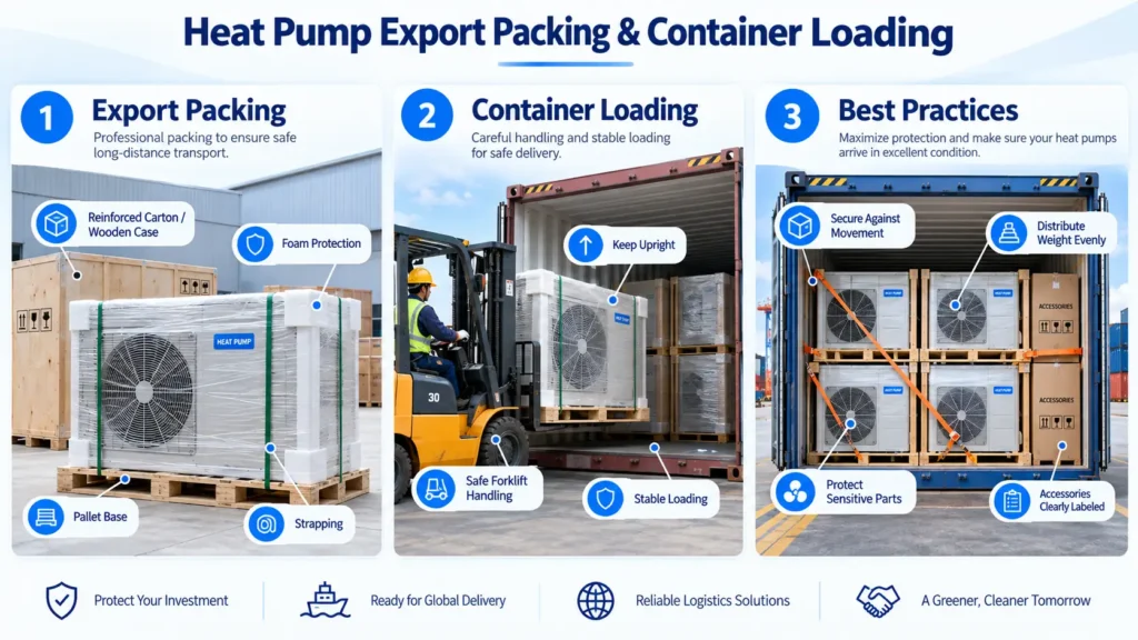 Heat pump export packing and container loading with pallets, protective wrapping, forklift handling, and secured container shipment