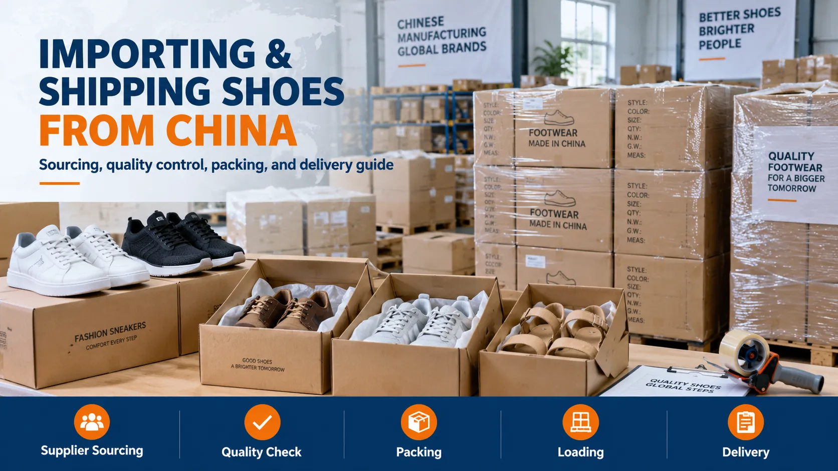 Importing and shipping shoes from China with footwear boxes, export cartons and international freight