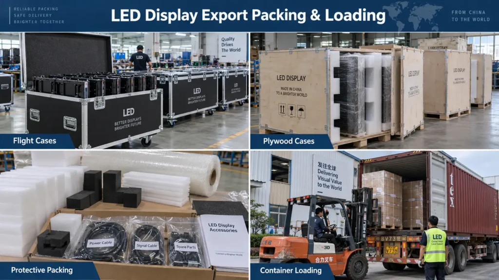 LED display export packing and container loading with flight cases, plywood cases and protective packaging