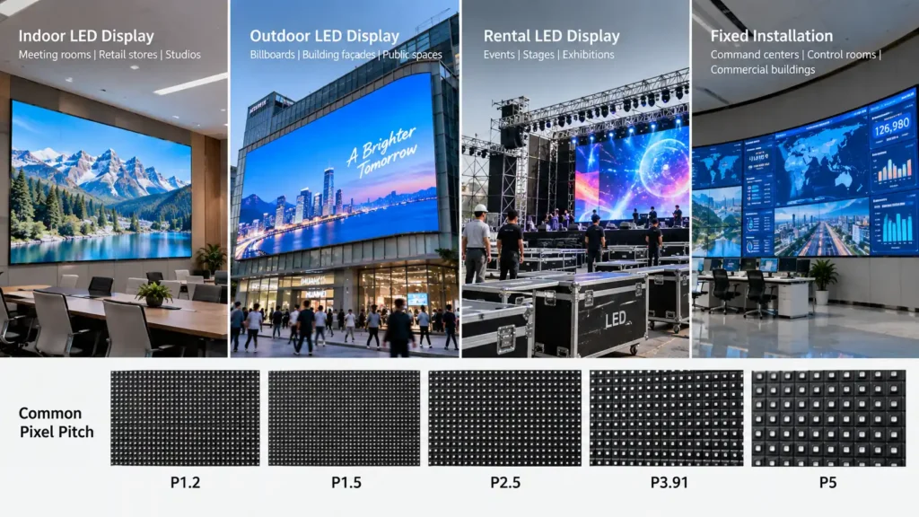 LED display specifications and types including indoor, outdoor, rental and fixed LED screens with pixel pitch comparison