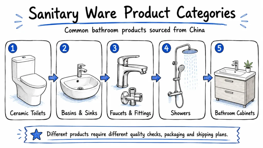 Sanitary ware product categories including toilets, basins, faucets, showers and bathroom cabinets