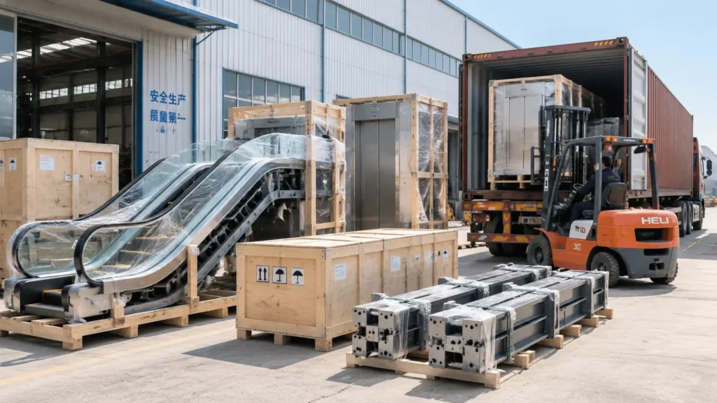 Shipping elevators and escalators from China with factory loading, wooden crates, and container transportation