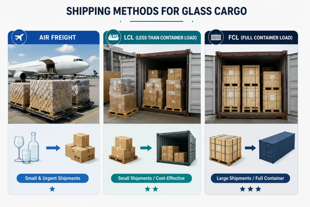 Shipping methods for glass cargo comparing air freight, LCL, and FCL