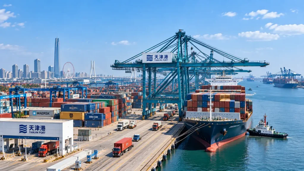 Tianjin Port and northern China logistics hub with container ship, cranes and cargo terminal