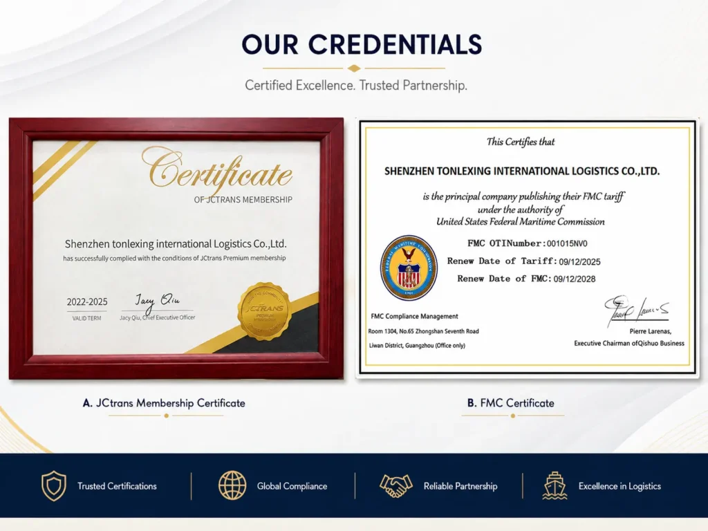 Tonlexing logistics credentials showing JCtrans membership and FMC certificate