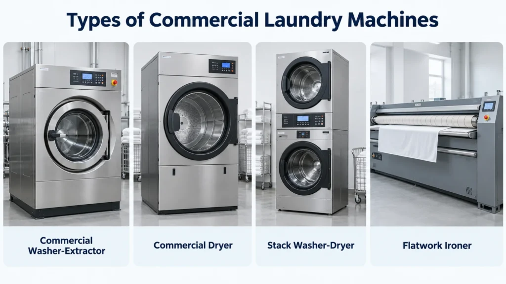 Types of commercial laundry machines including washer-extractor, dryer, stack washer-dryer, and flatwork ironer