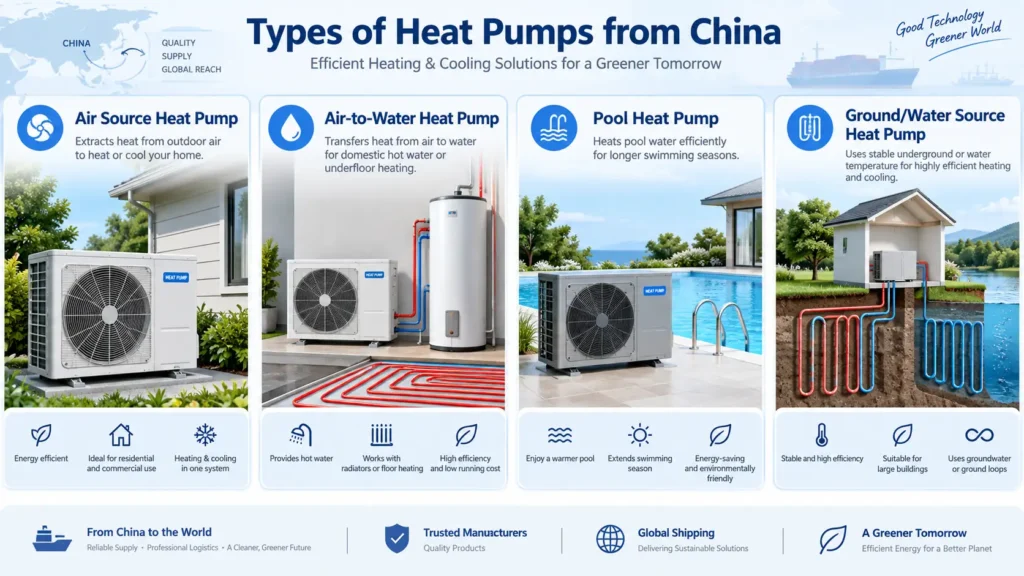 Types of heat pumps from China including air source, air-to-water, pool, and ground source heat pumps