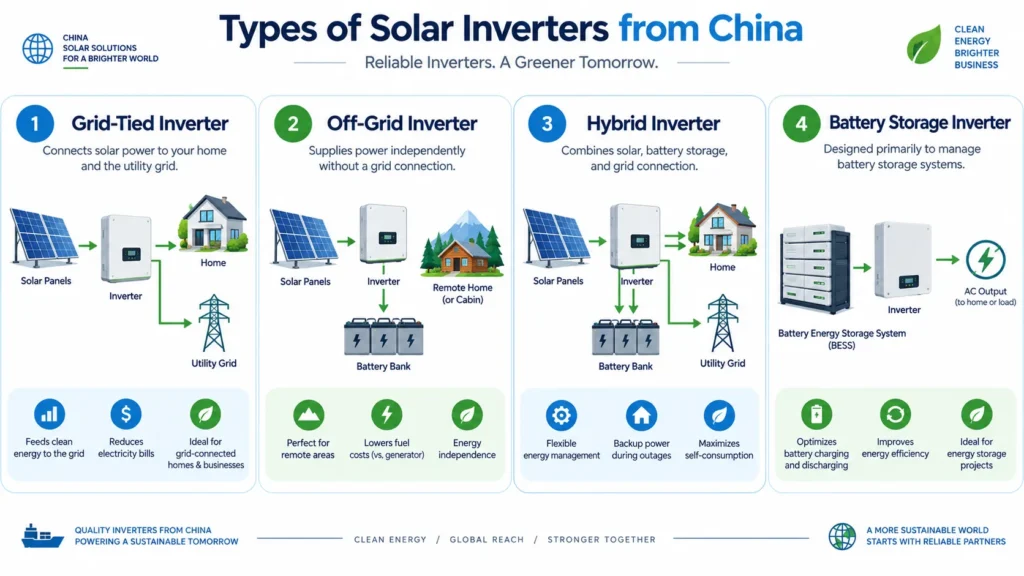 Types of solar inverters from China including grid-tied, off-grid, hybrid and battery storage inverters