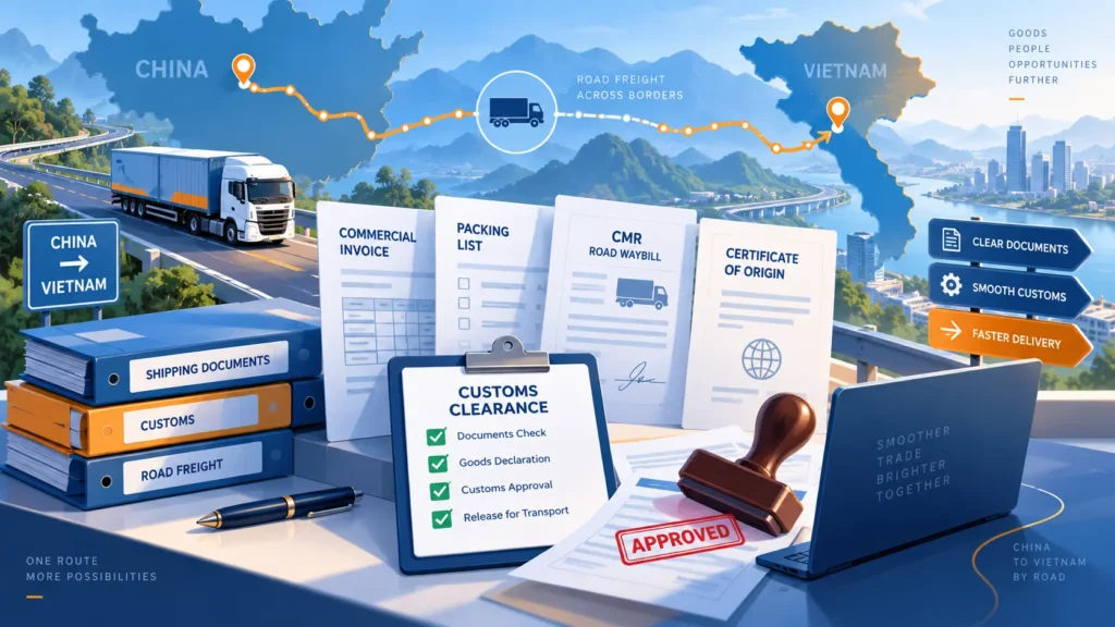 Vietnam customs clearance and shipping documents illustration for China Vietnam road freight
