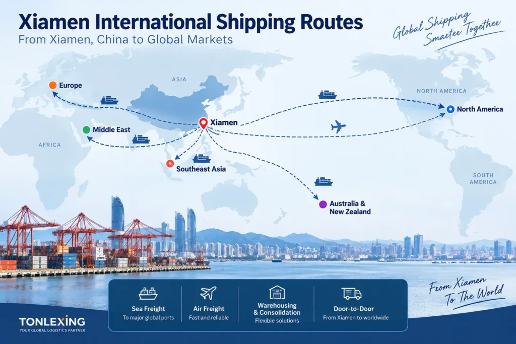 Xiamen international shipping routes map connecting China with Asia, Europe, North America, the Middle East and Australia