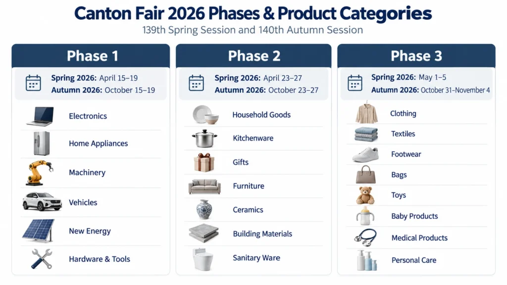 Canton Fair 2026 phases and product categories infographic showing spring and autumn exhibition dates for Phase 1, Phase 2, and Phase 3.