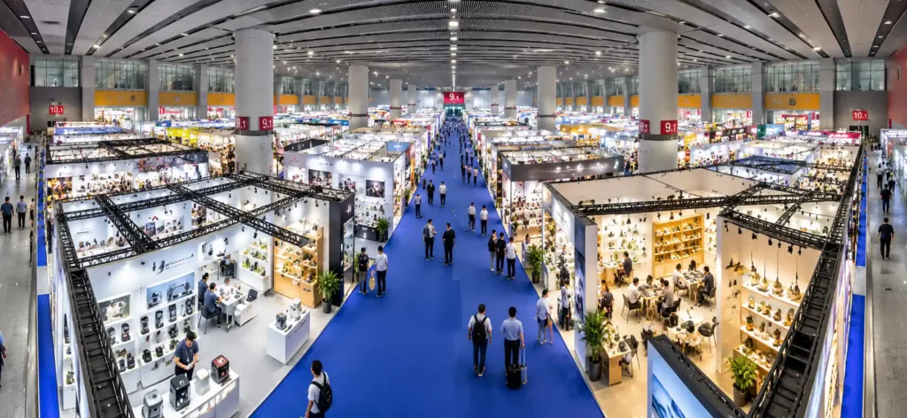 Panoramic view of a large trade fair exhibition hall with exhibition booths, blue walkways, and visitors
