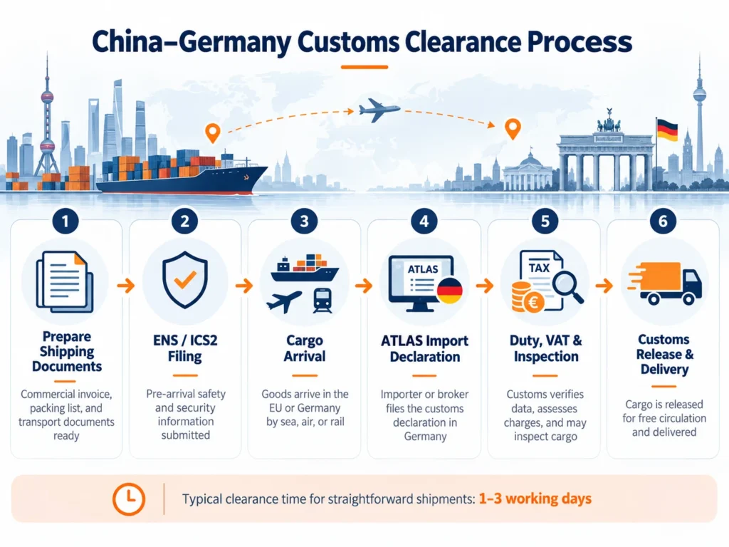 China–Germany customs clearance process showing shipping documents, ICS2 filing, ATLAS declaration, import duties, VAT, and cargo release