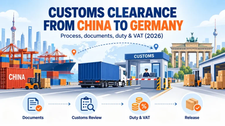 Customs clearance from China to Germany with import documents, duties, VAT, customs inspection and freight shipping