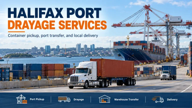 Container trucks and shipping containers at the Port of Halifax, Nova Scotia