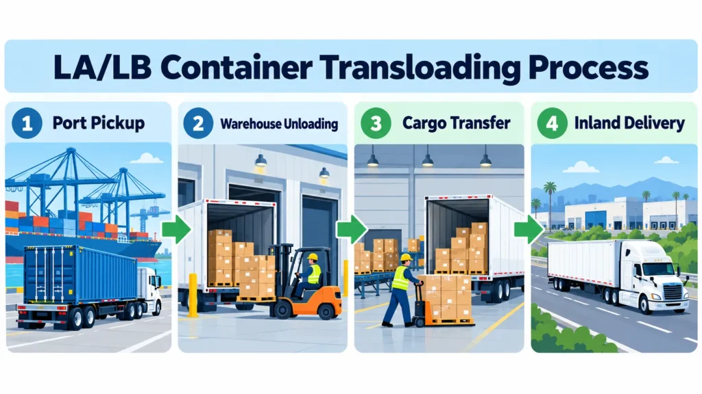 Illustration of the LA/LB container transloading process, showing port pickup, warehouse unloading, cargo transfer to domestic trailers, and inland truck delivery.