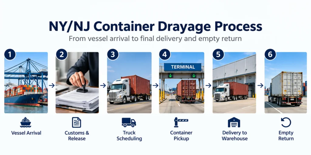 NY/NJ container drayage process showing vessel arrival, customs clearance, truck scheduling, container pickup, warehouse delivery, and empty return.