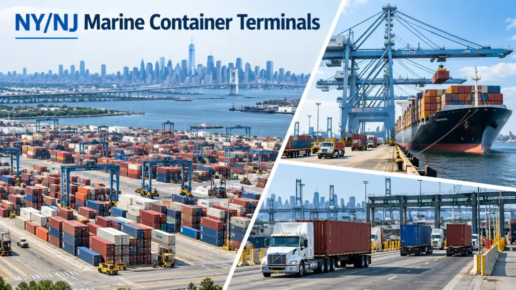 NY/NJ marine container terminals showing container yards, cargo ships, port cranes, and drayage trucks at the Port of New York and New Jersey.