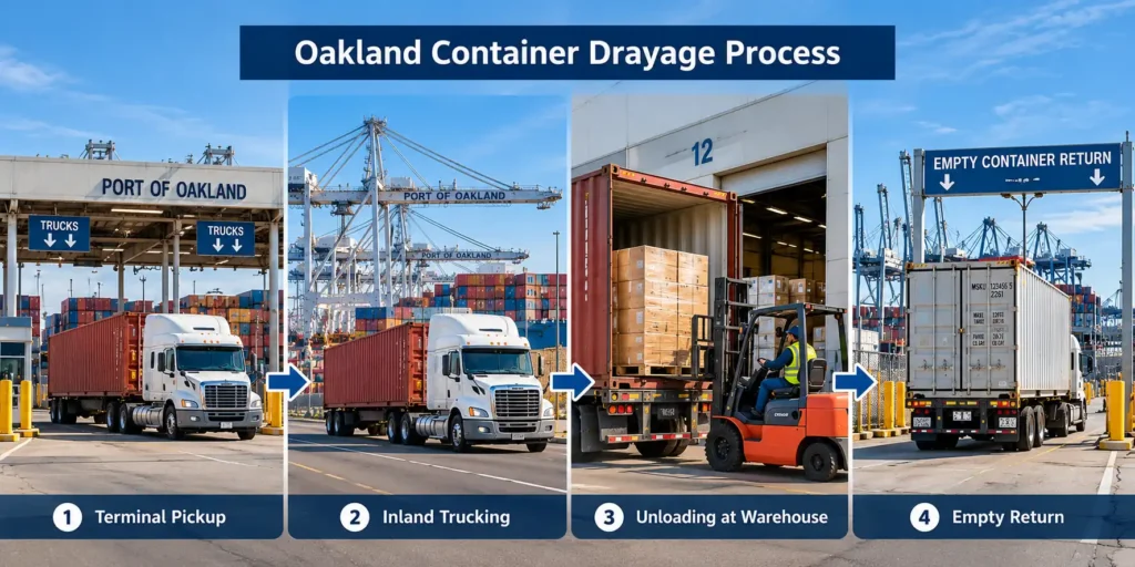 Oakland container drayage process showing terminal pickup, inland trucking, warehouse unloading, and empty container return at the Port of Oakland.